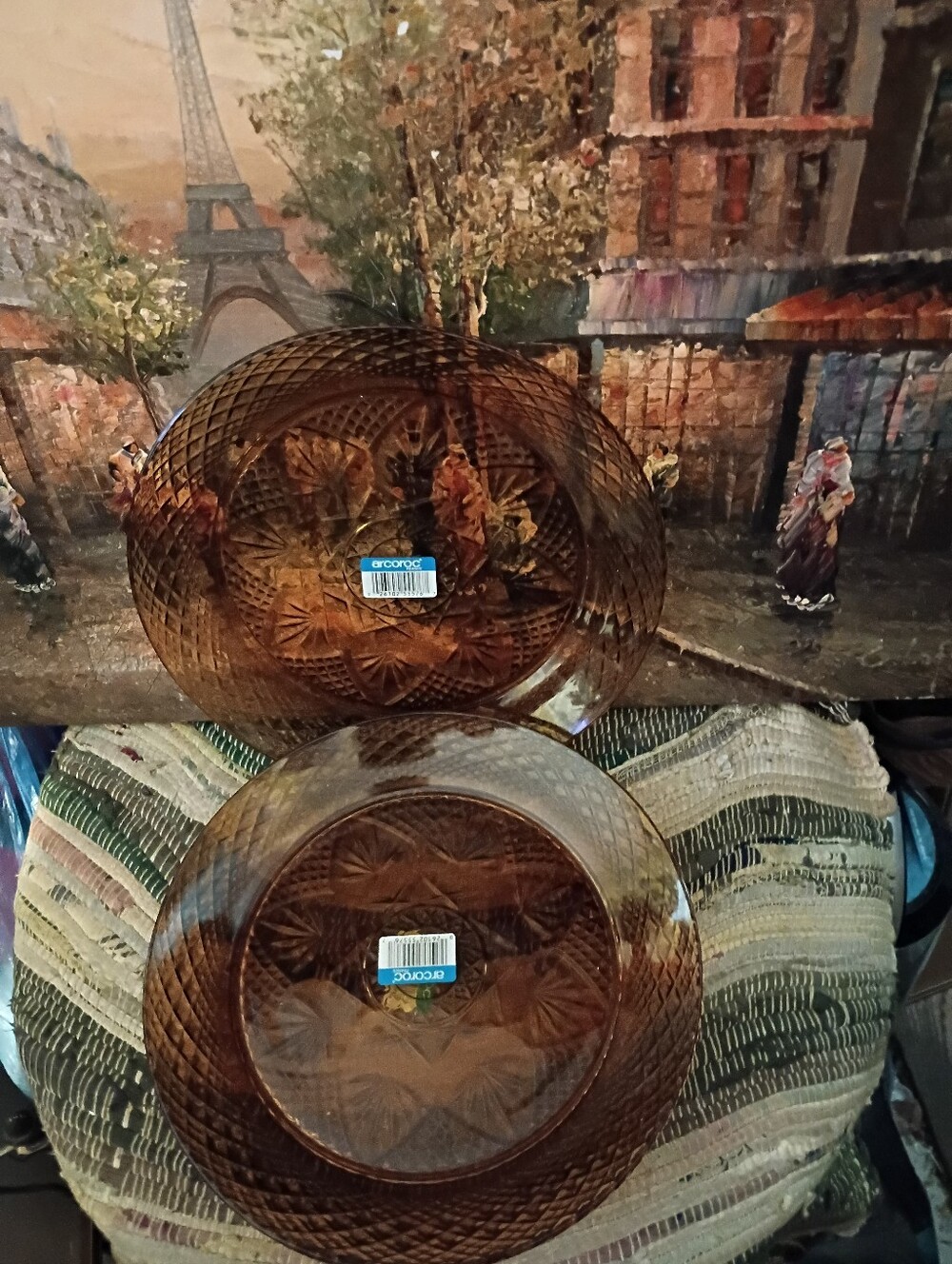 ARCOROC-🇲🇫 Amber Pressed Glass Dinner Plates - Set of 3 NEW! VINTAGE  FRANCE.